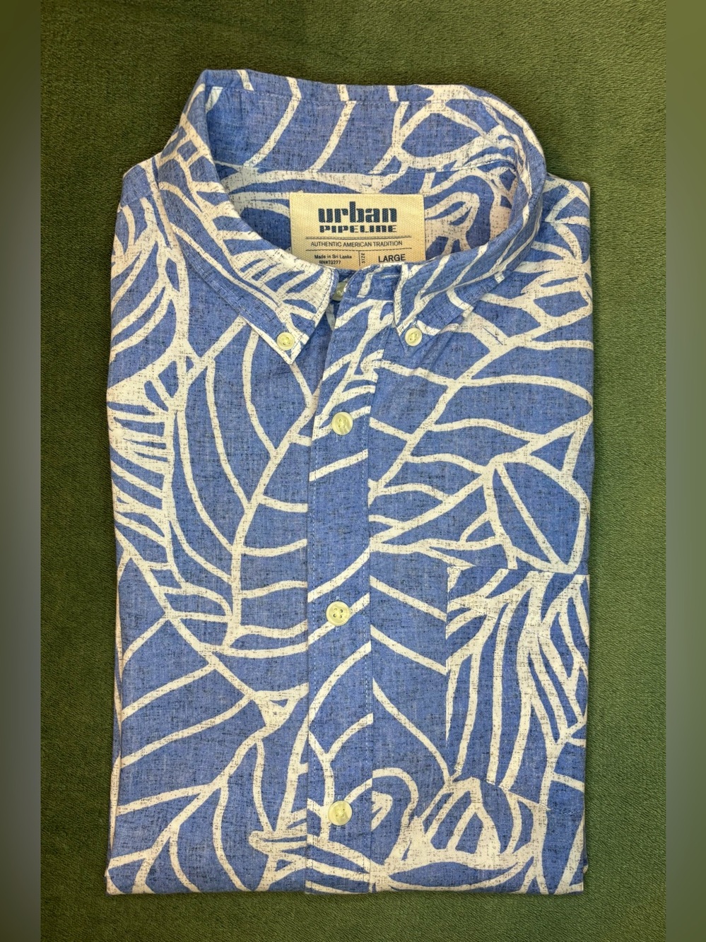 urban pipeline Blue & White Leaf-Print S/S Button-Down Shirt, Size: L. (6396)